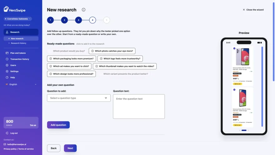 HeroSwipe-Oberfläche mit einem Test von Produktinhalten und dessen Ergebnissen